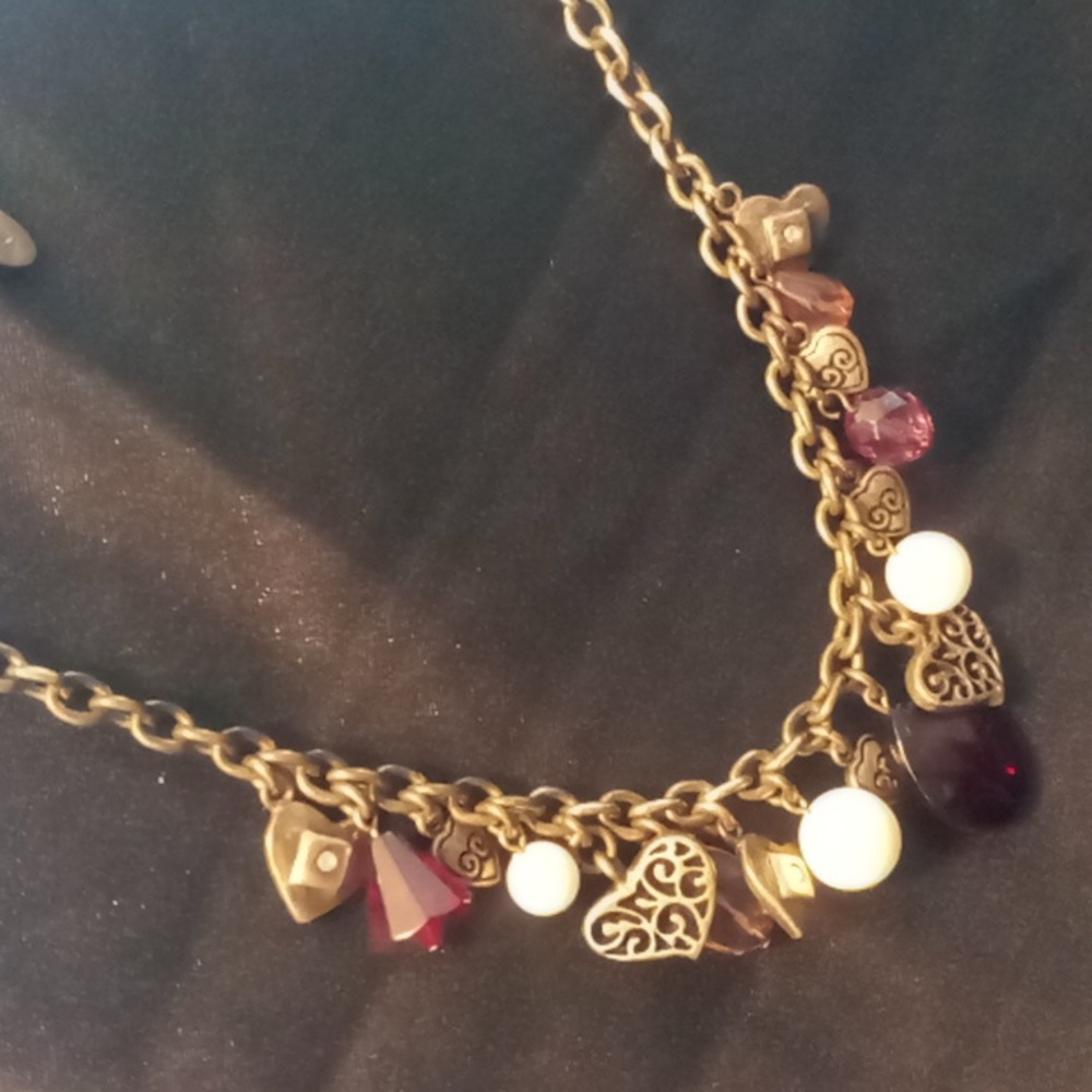Cookie Lee necklace hearts ,Crystals & a brassy gold finish. 16 +2 in long